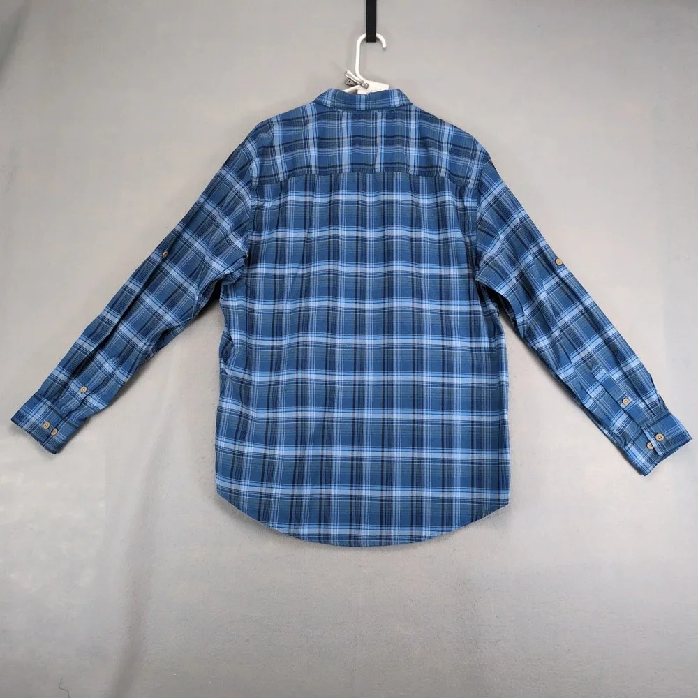 G.H. Bass Blue Plaid Outdoor Button Shirt Mens L Roll Tab Sleeves Hiking Camping